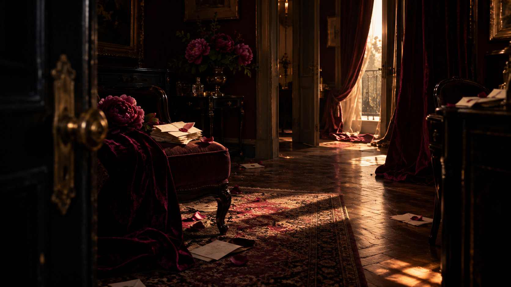 Inside M's rooms, a door ajar, sealed letters and peony petals scattered on the floor, light pouring in from a balcony beyond