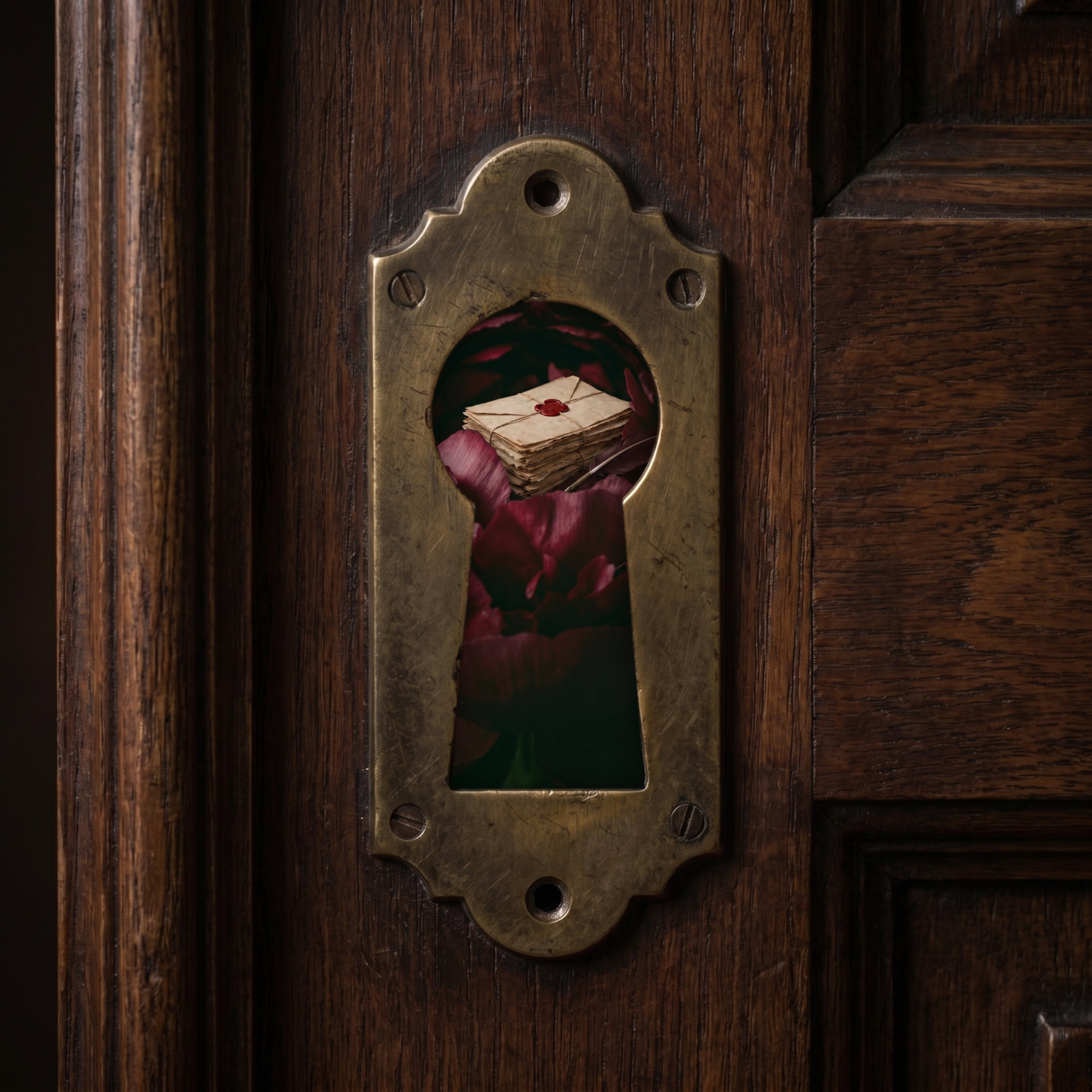 An antique brass keyhole in a dark wooden door, letters and a peony glimpsed through it