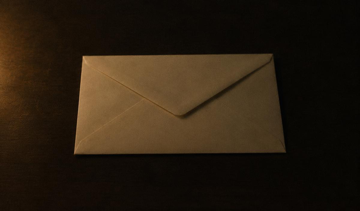 A plain unmarked cream envelope on a dark surface