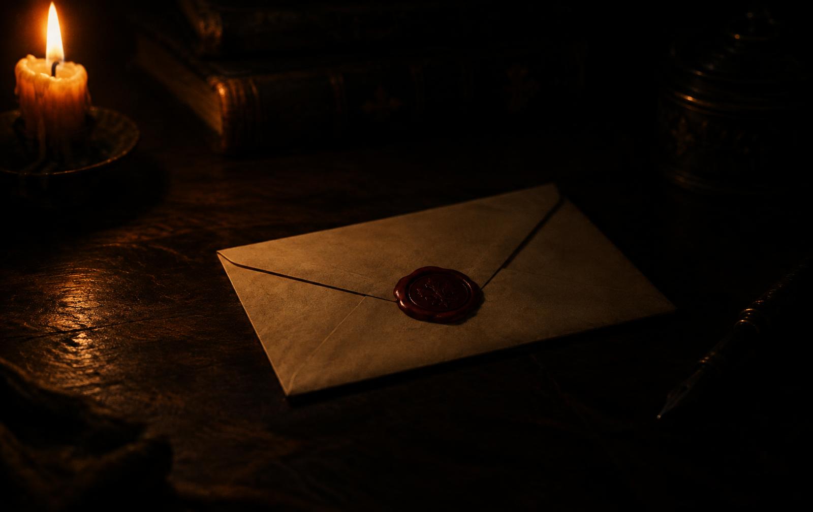 A sealed envelope on a dark desk in very low candlelight