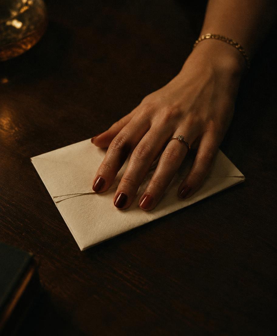 A hand resting on a folded letter for one second too long