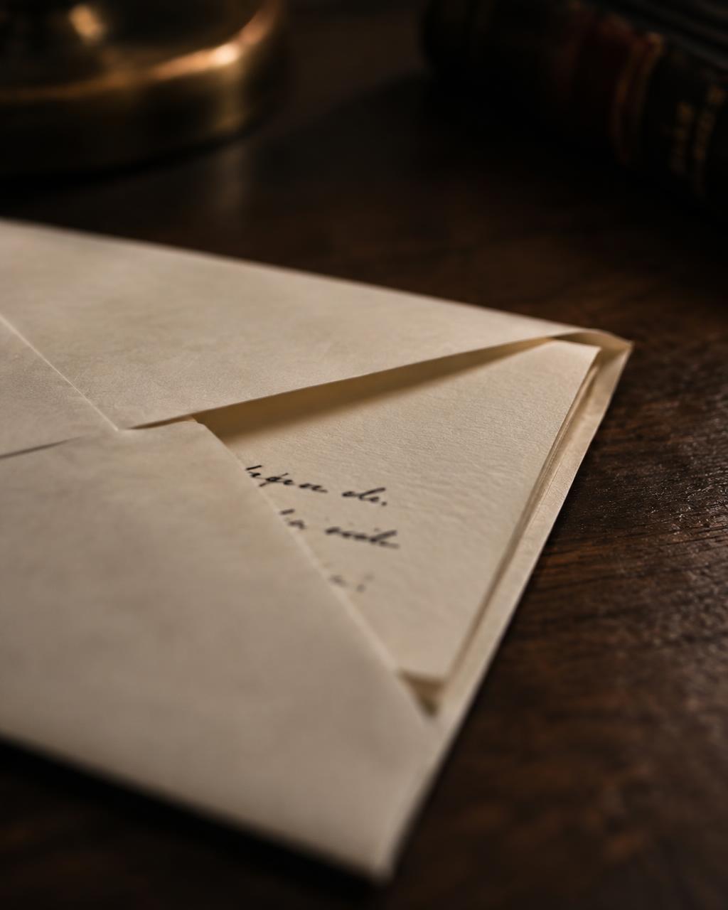 A folded cream letter half out of its envelope, a sliver of black ink handwriting just visible